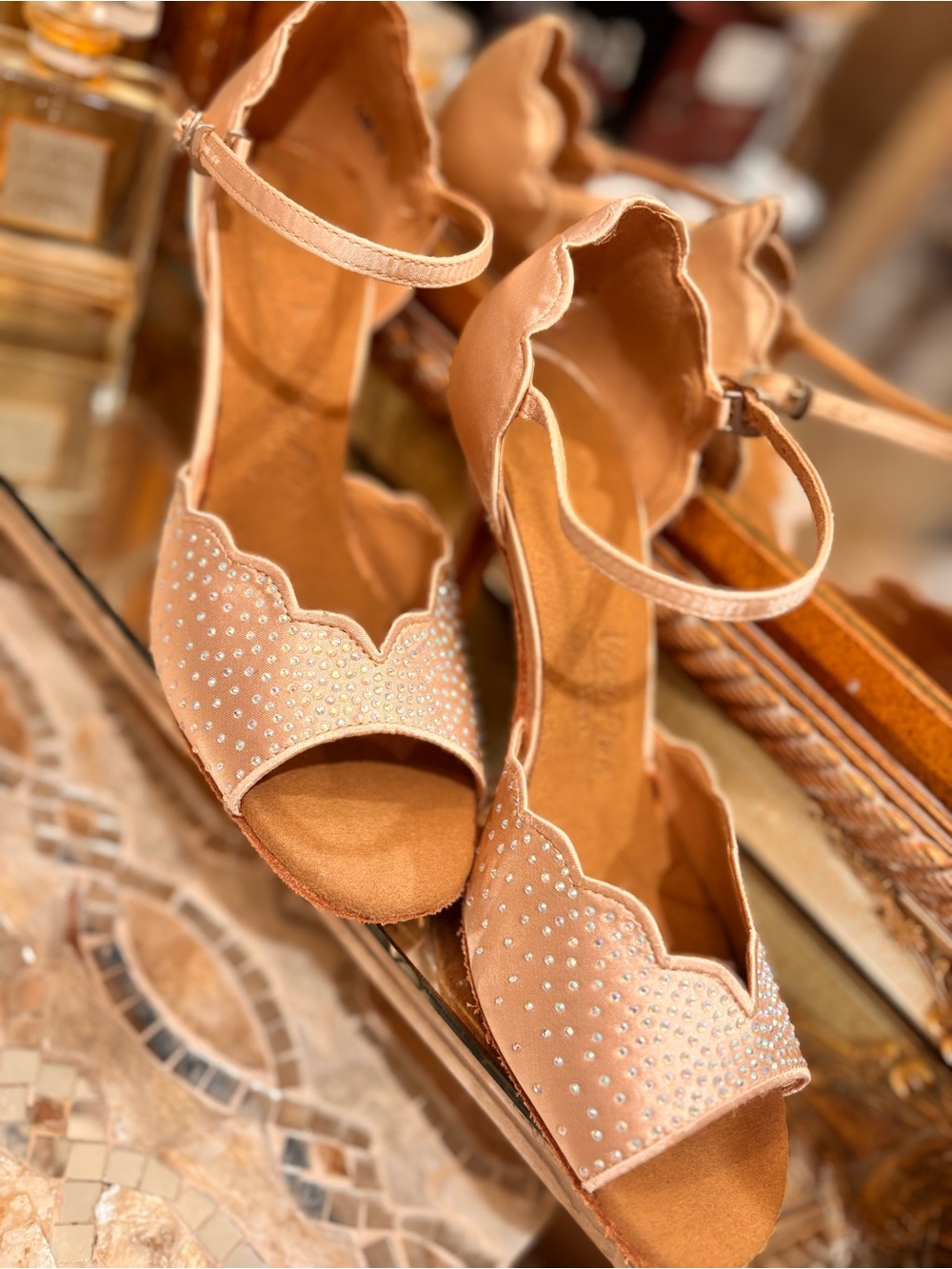 Women's Scalloped Ankle-Strap Sandals in Nude with rhinestones